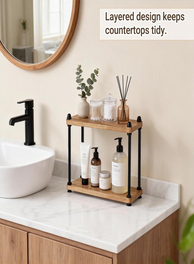 Mkono Bathroom Counter Organizer, 2 Tier Wooden Shelf for Vanity Countertop Skincare Makeup, Rustic Bathroom Decor Storage and Organization for Kitchen, Coffee Bar, Office, Light Brown - Image 2