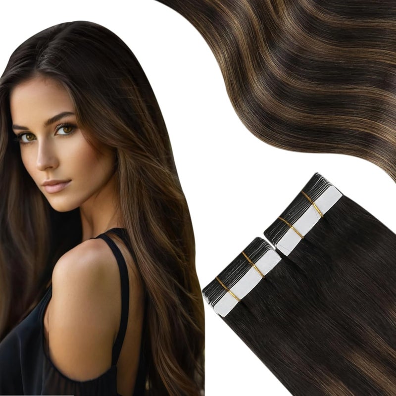Moresoo Tape in Human Hair Extensions Ombre Tape in Extensions Real Hair Balayage Darkest Brown Mix with Medium Brown Glue in Seamless Hair Extensions Human Hair 16 Inch #2/6/2 20pcs 50g