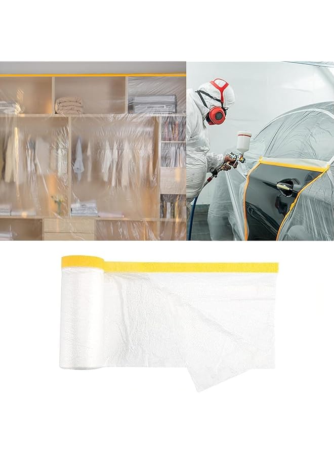 PROMASS promass 4M x 20M Tape and Drape,Waterproof Dust-Proof Protective Masking Film,Plastic Masking Film Drop Cloth Sheeting with Tape,Pre-Taped Masking Film Paint Cover for Car,Furniture,Painting,Floor,Bed  - Image 1
