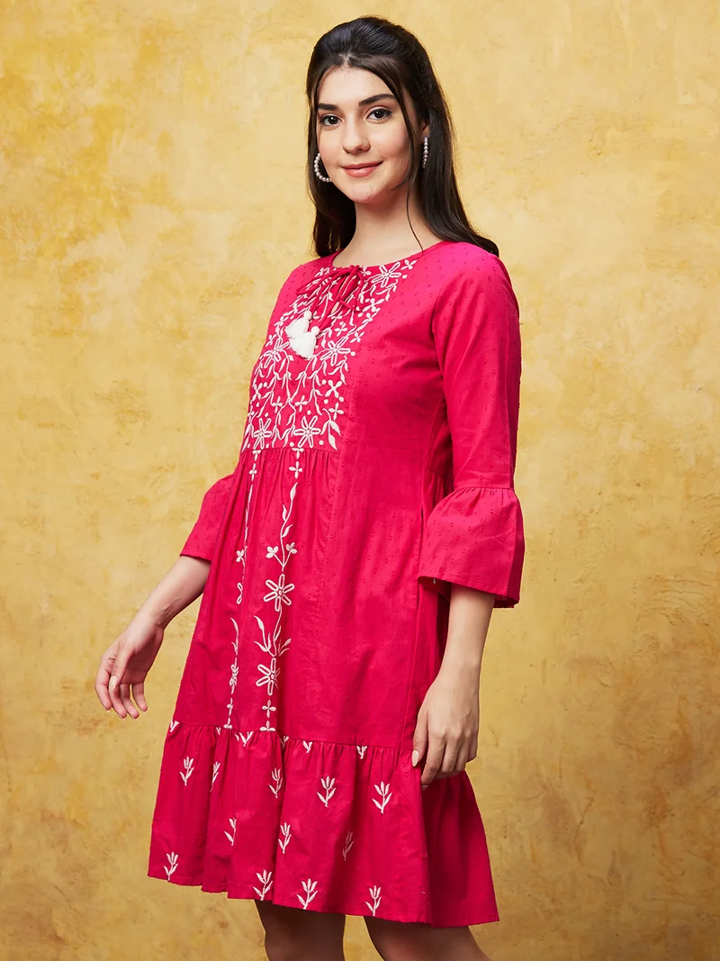 globus Women Pink Floral Embroidered Keyhole Neck Gathered Pure Cotton A-Line Ethnic Dress
