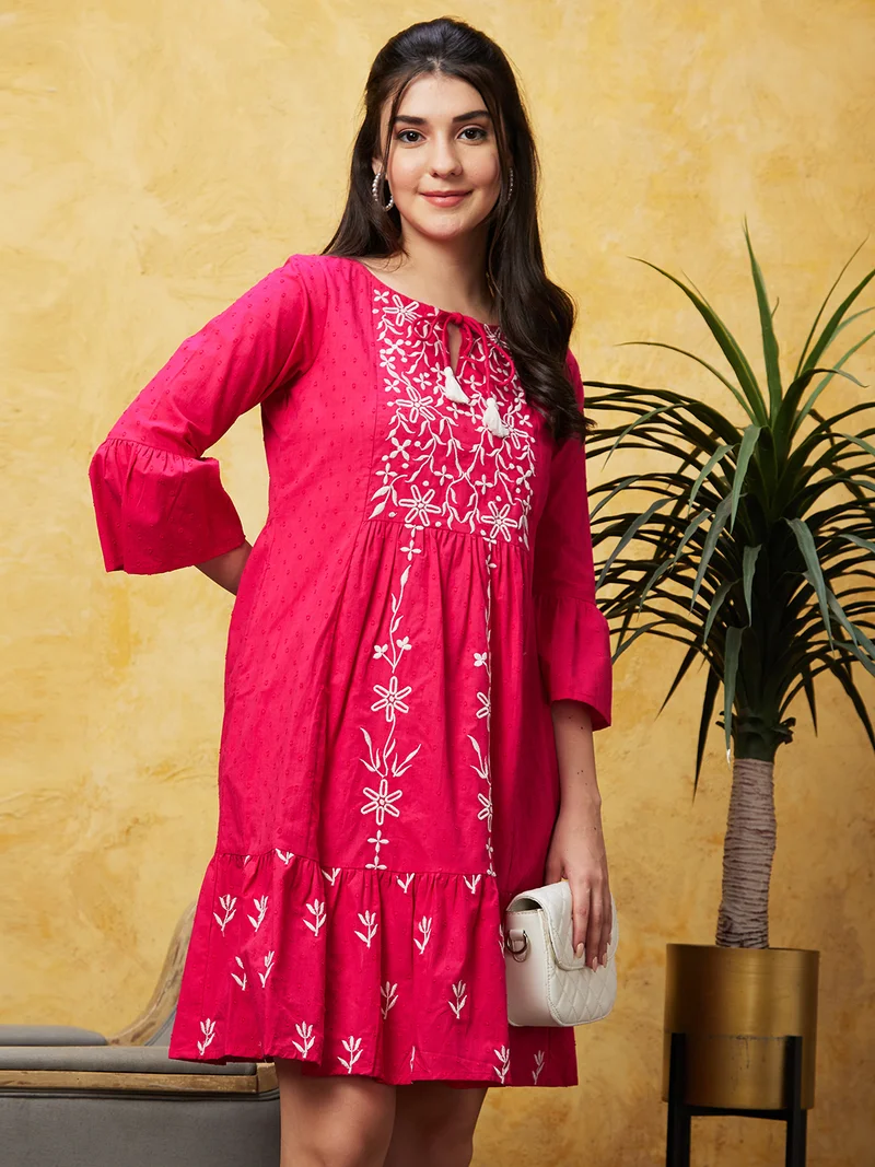globus Women Pink Floral Embroidered Keyhole Neck Gathered Pure Cotton A-Line Ethnic Dress