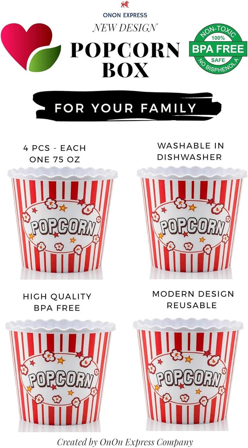 ONONEXPRESS Modern Style Reusable Plastic Popcorn BoxPopcorn ContainersPopcorn Bowls Set for Movie Theater Night  BPA Free  RedWhite 4 Pack75 oz - Image 3