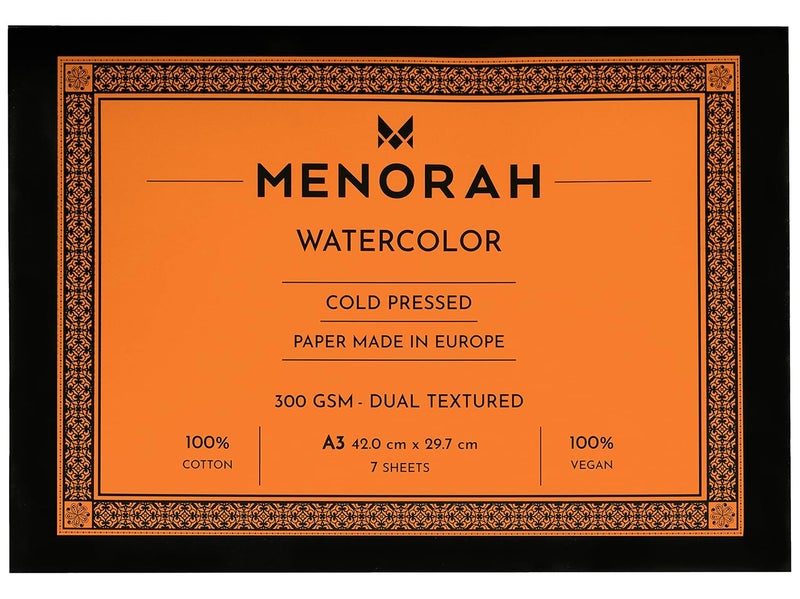 MENORAH – A3 – 300 GSM- 100% Cotton Water Color Paper - Artist Sketchbook – Dual Texture Loose Sheets Pad- (29.7 cm x 42.0 cm)- (7 Sheets / 14 Pages) – Ideal for Acrylic, Gouache, Watercolour, Pen Art, Pencil- Glued End pad - Image 1