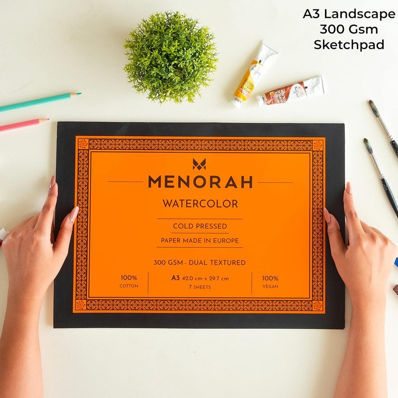 MENORAH – A3 – 300 GSM- 100% Cotton Water Color Paper - Artist Sketchbook – Dual Texture Loose Sheets Pad- (29.7 cm x 42.0 cm)- (7 Sheets / 14 Pages) – Ideal for Acrylic, Gouache, Watercolour, Pen Art, Pencil- Glued End pad - Image 2
