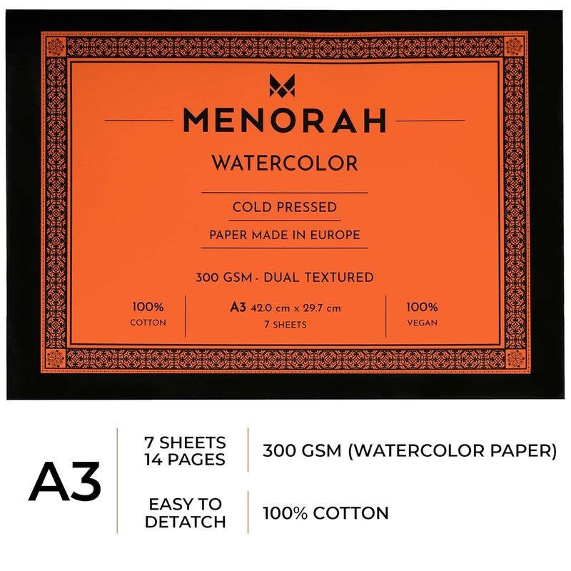 MENORAH – A3 – 300 GSM- 100% Cotton Water Color Paper - Artist Sketchbook – Dual Texture Loose Sheets Pad- (29.7 cm x 42.0 cm)- (7 Sheets / 14 Pages) – Ideal for Acrylic, Gouache, Watercolour, Pen Art, Pencil- Glued End pad - Image 4