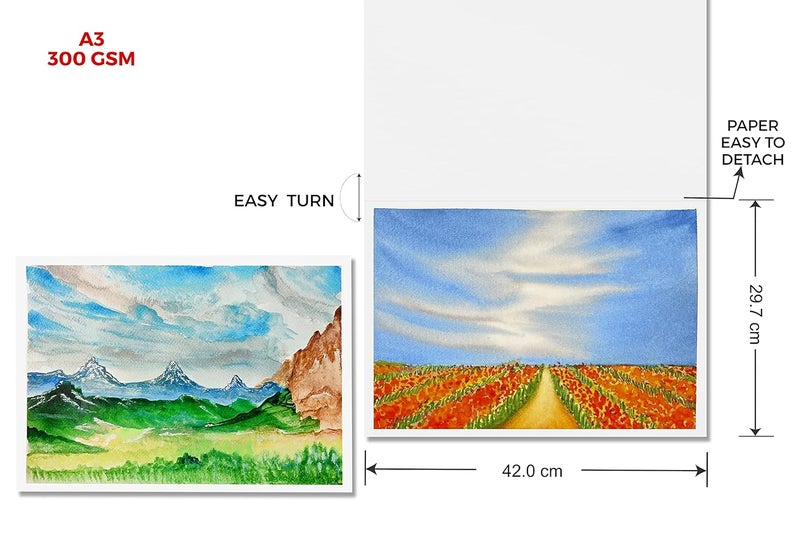 MENORAH – A3 – 300 GSM- 100% Cotton Water Color Paper - Artist Sketchbook – Dual Texture Loose Sheets Pad- (29.7 cm x 42.0 cm)- (7 Sheets / 14 Pages) – Ideal for Acrylic, Gouache, Watercolour, Pen Art, Pencil- Glued End pad - Image 3