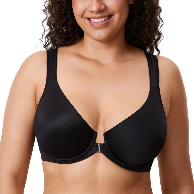 DELIMIRA Women's Front Closure Bras Posture Full Coverage Plus Size Underwire Unlined Back Support Plunge Seamless Bra B-H Cups Black 34B - Image 3