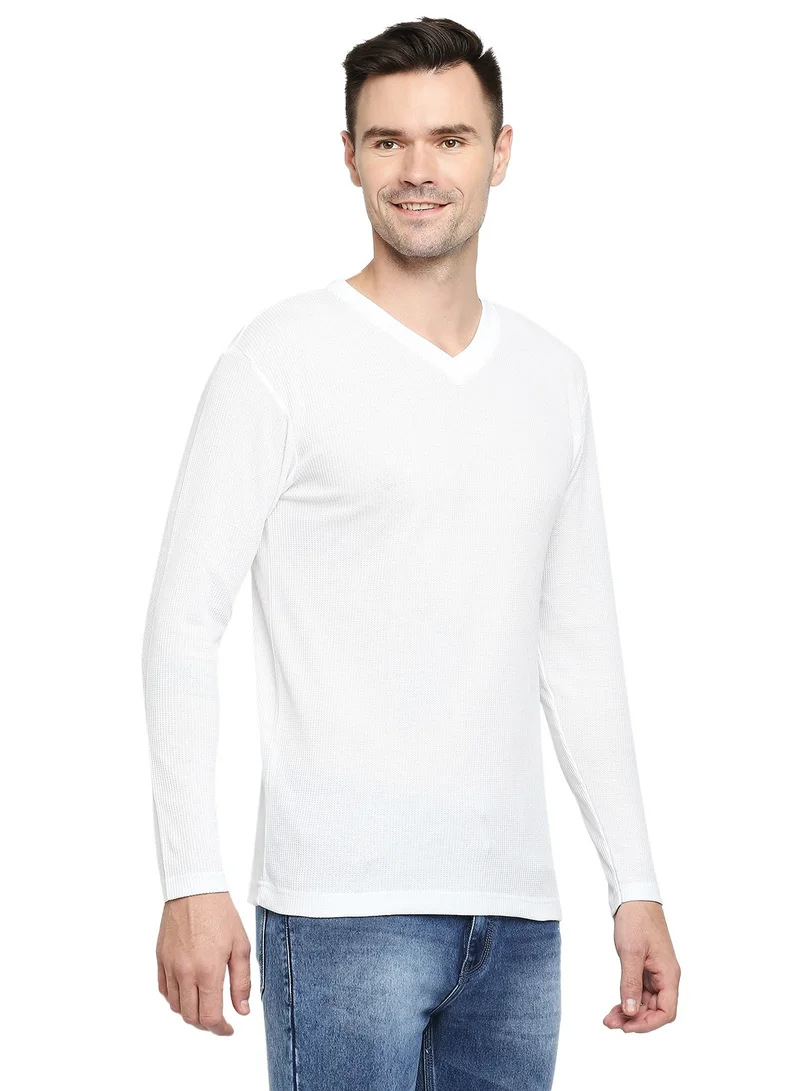 BYC MEN'S COTTON FULL SLEEVES MESH V-NECK T-SHIRT - WHITE