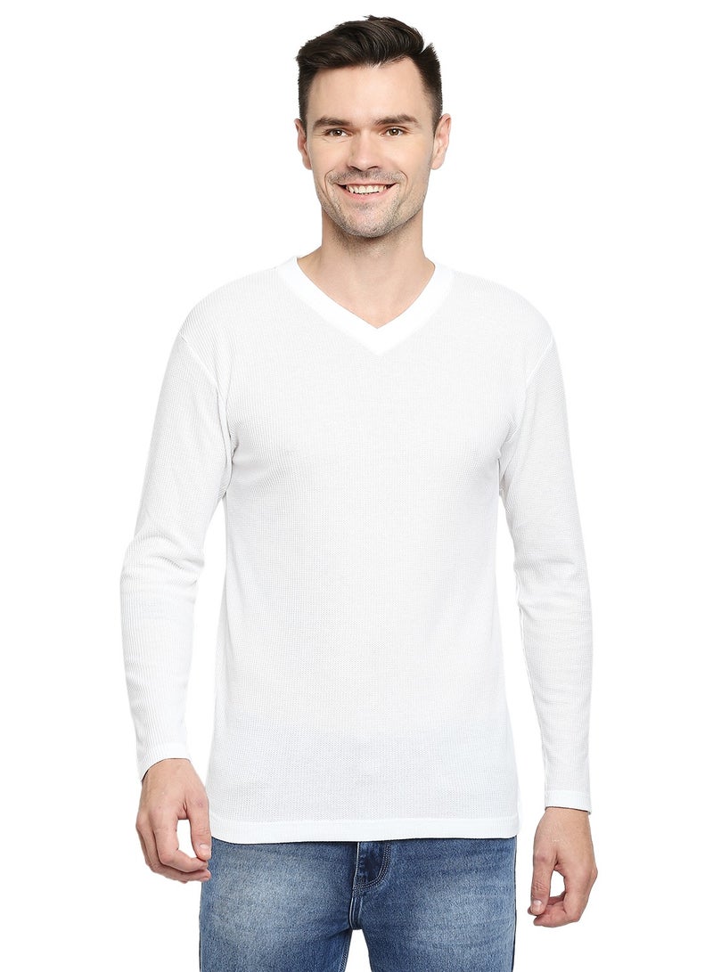 BYC MEN'S COTTON FULL SLEEVES MESH V-NECK T-SHIRT - WHITE - Image 2