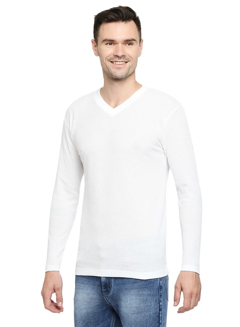 BYC MEN'S COTTON FULL SLEEVES MESH V-NECK T-SHIRT - WHITE