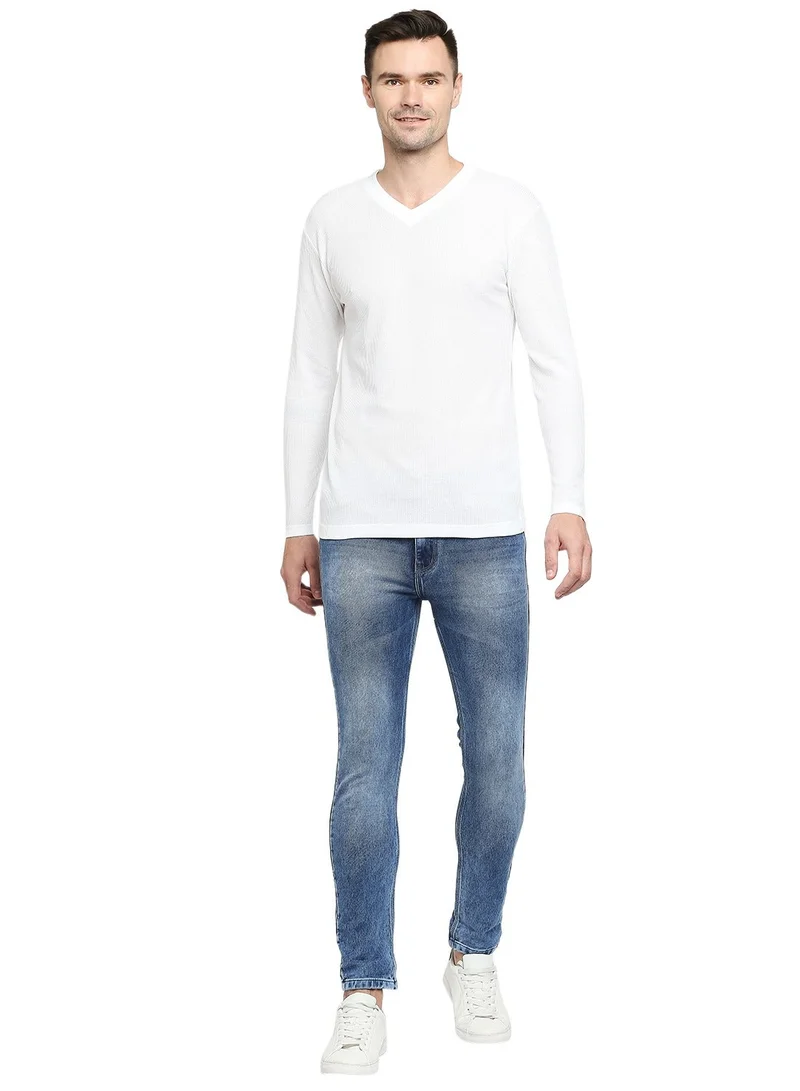 BYC MEN'S COTTON FULL SLEEVES MESH V-NECK T-SHIRT - WHITE