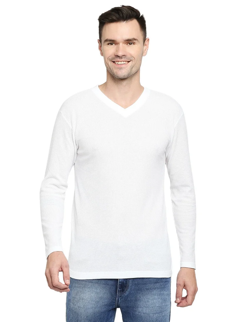 BYC MEN'S COTTON FULL SLEEVES MESH V-NECK T-SHIRT - WHITE