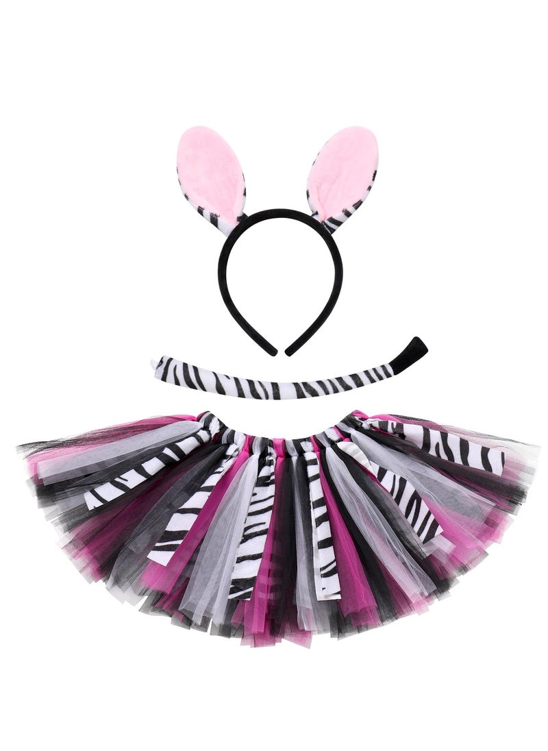 Excefore - Lovely Zebra Animals Costume, Zebra Tutu Skirt Ear Headband Tail, Suitable for Baby Birthday Party Cosplay Dress (1-2T, Pink) - Image 1