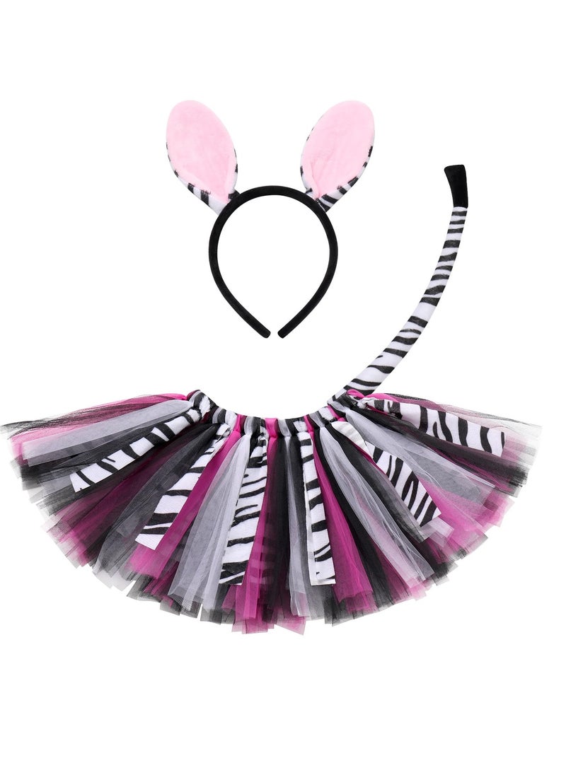 Excefore - Lovely Zebra Animals Costume, Zebra Tutu Skirt Ear Headband Tail, Suitable for Baby Birthday Party Cosplay Dress (1-2T, Pink) - Image 1