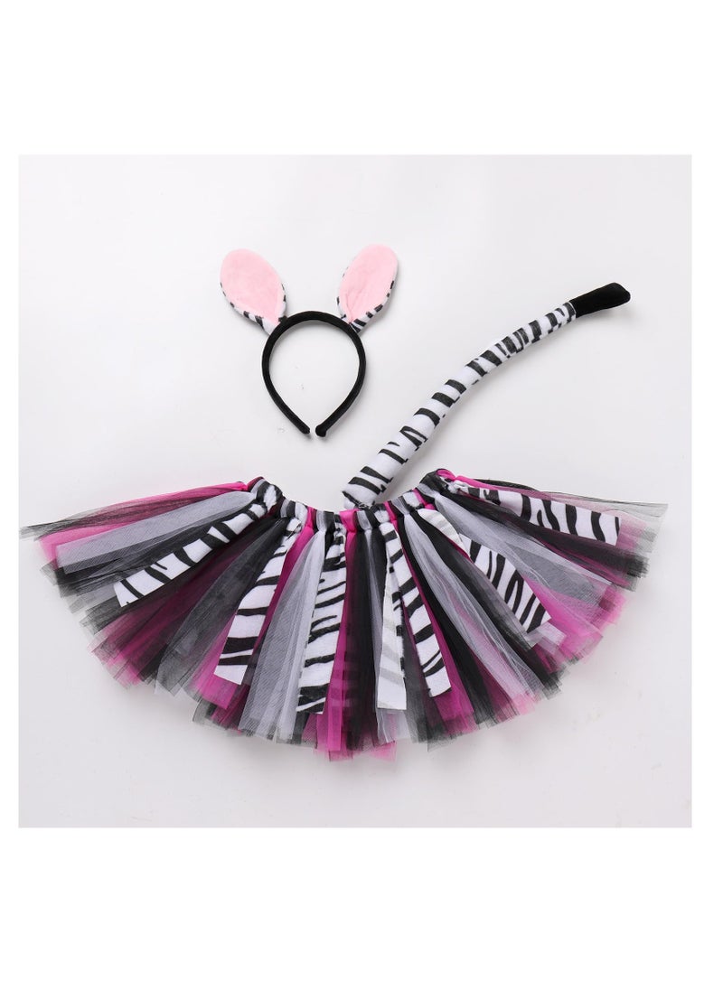 Excefore - Lovely Zebra Animals Costume, Zebra Tutu Skirt Ear Headband Tail, Suitable for Baby Birthday Party Cosplay Dress (1-2T, Pink) - Image 1