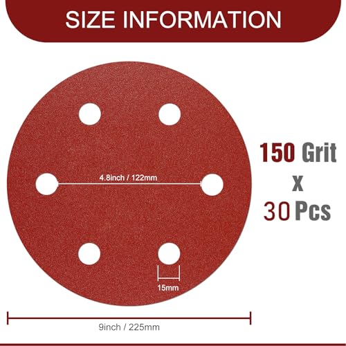 Awutzut 9 Inch Sanding Disc 150 Grit Hook and Loop Sandpaper for 6 Holes Drywall Sander Remove Popcorn Ceiling Sheetrock (30 PCS) - Image 2