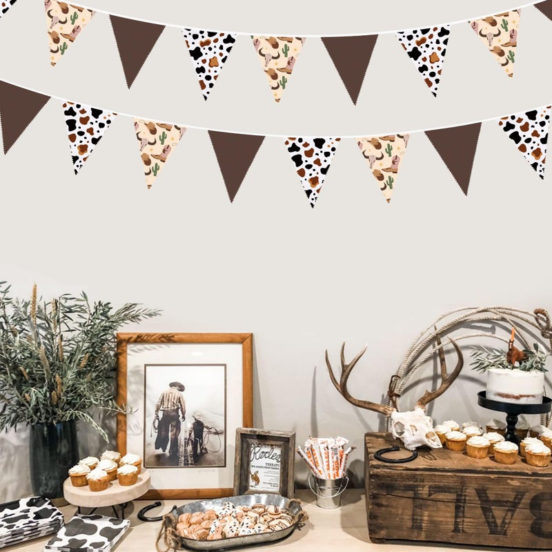 pinkblume 32Ft Western Cowboy Party Decorations Brown Cow Triangle Flag Fabric Banner Pennant Garland Streamers for Western Cowgirls Birthday Baby Shower Derby Day Yee Haw Farm Cow Wild West Party Decor - Image 4