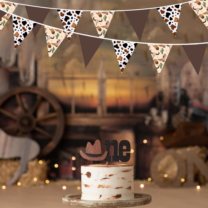 pinkblume 32Ft Western Cowboy Party Decorations Brown Cow Triangle Flag Fabric Banner Pennant Garland Streamers for Western Cowgirls Birthday Baby Shower Derby Day Yee Haw Farm Cow Wild West Party Decor - Image 3