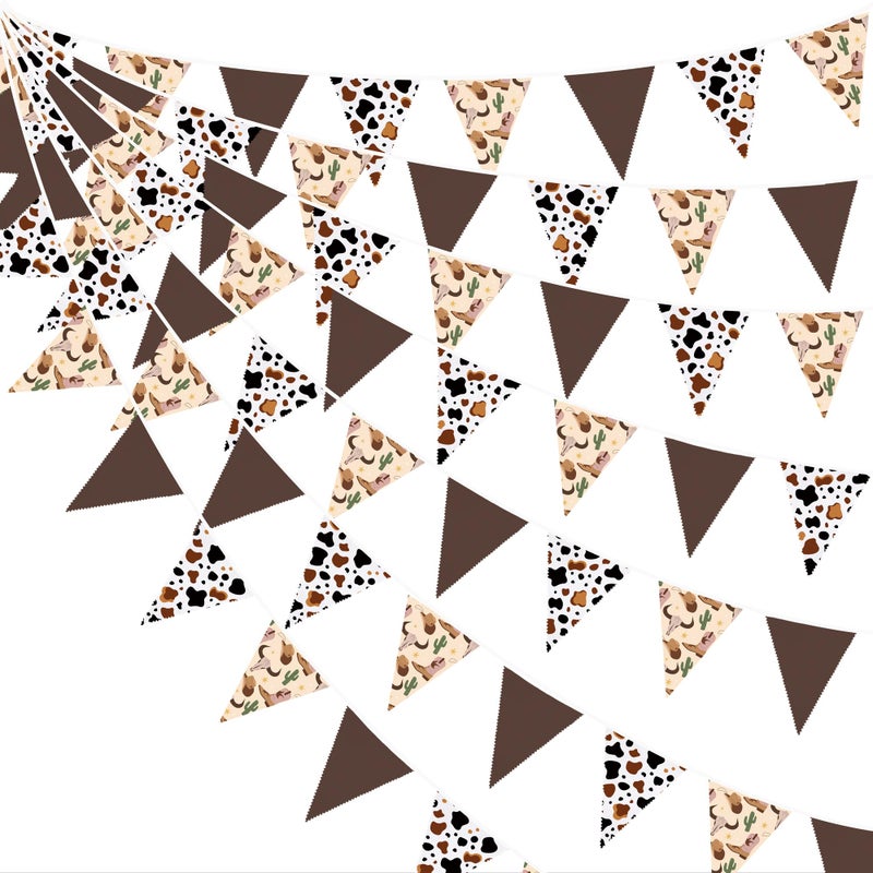 pinkblume 32Ft Western Cowboy Party Decorations Brown Cow Triangle Flag Fabric Banner Pennant Garland Streamers for Western Cowgirls Birthday Baby Shower Derby Day Yee Haw Farm Cow Wild West Party Decor - Image 1