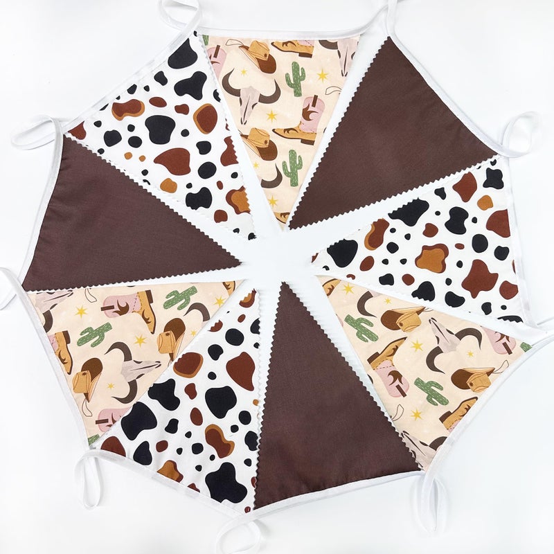 pinkblume 32Ft Western Cowboy Party Decorations Brown Cow Triangle Flag Fabric Banner Pennant Garland Streamers for Western Cowgirls Birthday Baby Shower Derby Day Yee Haw Farm Cow Wild West Party Decor - Image 5