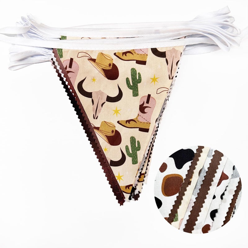 pinkblume 32Ft Western Cowboy Party Decorations Brown Cow Triangle Flag Fabric Banner Pennant Garland Streamers for Western Cowgirls Birthday Baby Shower Derby Day Yee Haw Farm Cow Wild West Party Decor - Image 2