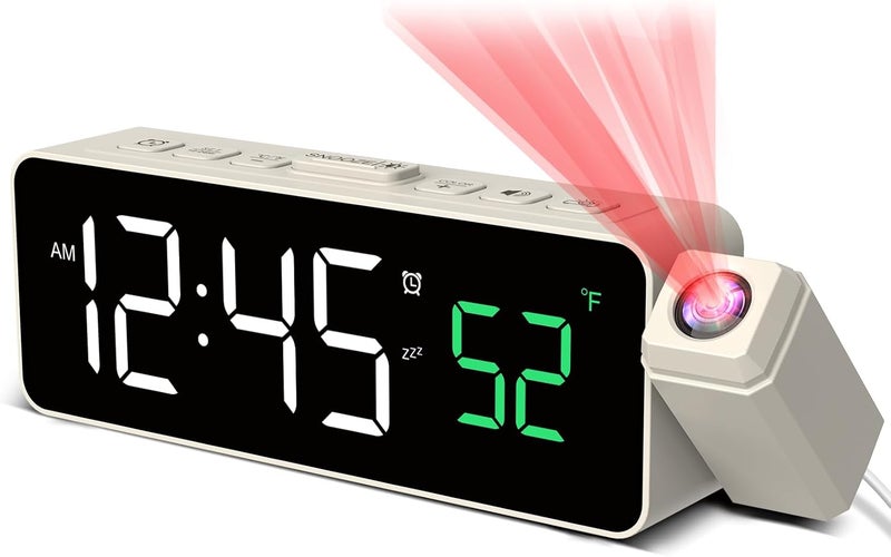 Netzu Projection Alarm Clock for Bedroom Ceiling, Small Compact Plug-in Digital Clocks with 180° Rotatable Projector, Temperature 4 Levels Birghtness, 3 Volumes and Snooze (White) - Image 1