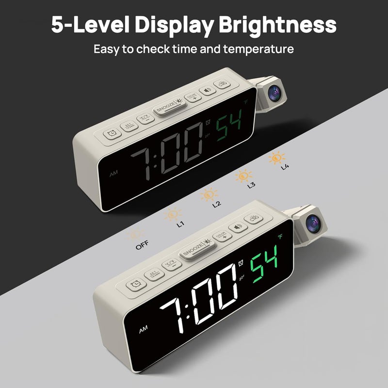 Netzu Projection Alarm Clock for Bedroom Ceiling, Small Compact Plug-in Digital Clocks with 180° Rotatable Projector, Temperature 4 Levels Birghtness, 3 Volumes and Snooze (White) - Image 4