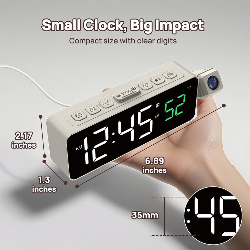 Netzu Projection Alarm Clock for Bedroom Ceiling, Small Compact Plug-in Digital Clocks with 180° Rotatable Projector, Temperature 4 Levels Birghtness, 3 Volumes and Snooze (White) - Image 2