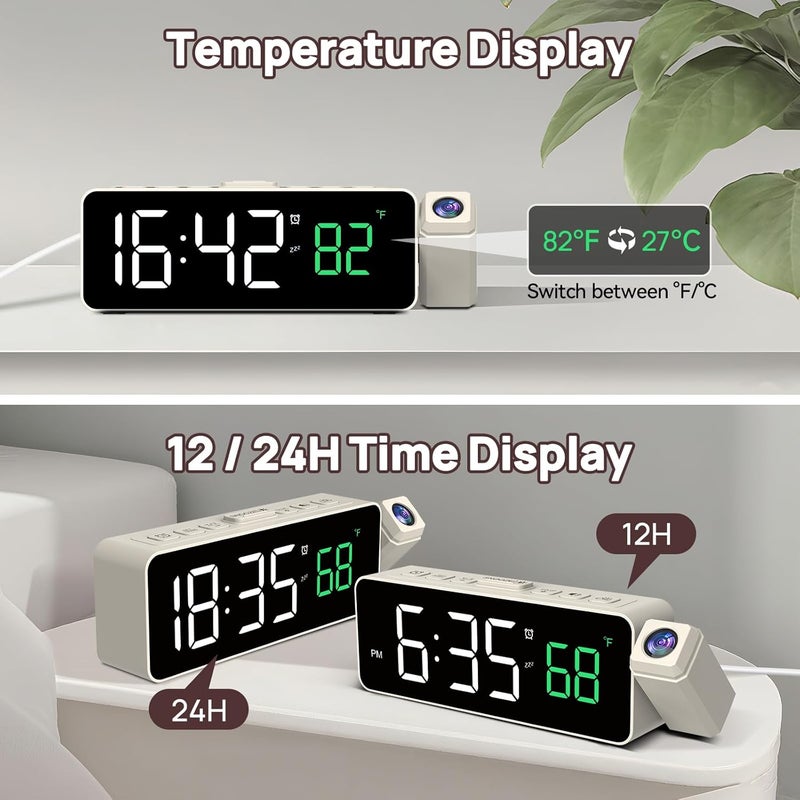 Netzu Projection Alarm Clock for Bedroom Ceiling, Small Compact Plug-in Digital Clocks with 180° Rotatable Projector, Temperature 4 Levels Birghtness, 3 Volumes and Snooze (White) - Image 5