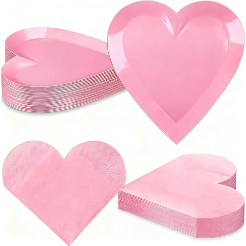 Diltik Pink Heart Shaped Party Plates and Napkins Set – 25PCS 9 Inch Disposable Paper Plates with 25PCS Heart Napkins for Birthday, Mother’s Day, Bridal Shower, Girls Party Decorations - Image 1