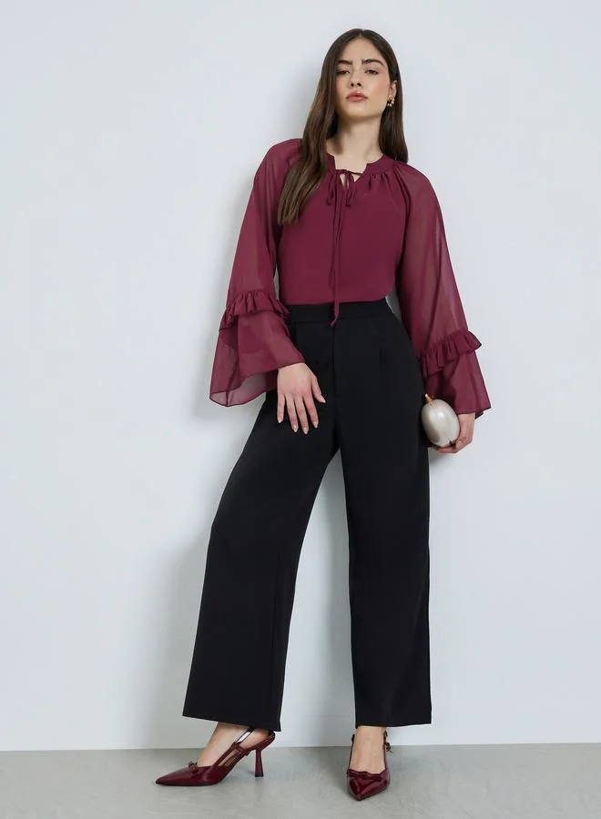 Styli Burgundy Chiffon Ruffle Sleeve Blouse