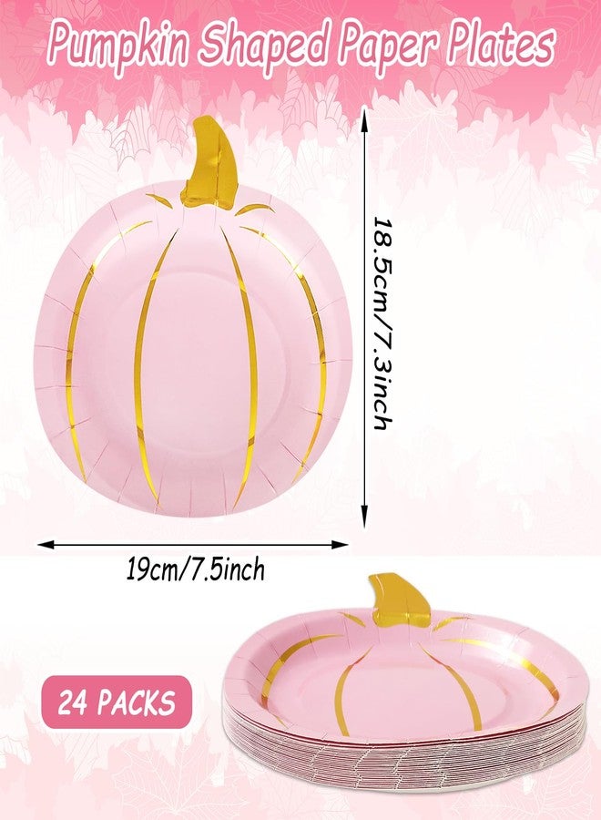 Whaline 24Pcs Fall Pink Pumpkin Paper Plate Gold Foil Dinner Plate Disposable Thanksgiving Harvest Plates for Autumn Catering Events Dining Party Favors Tableware Decor Supplies - Image 2