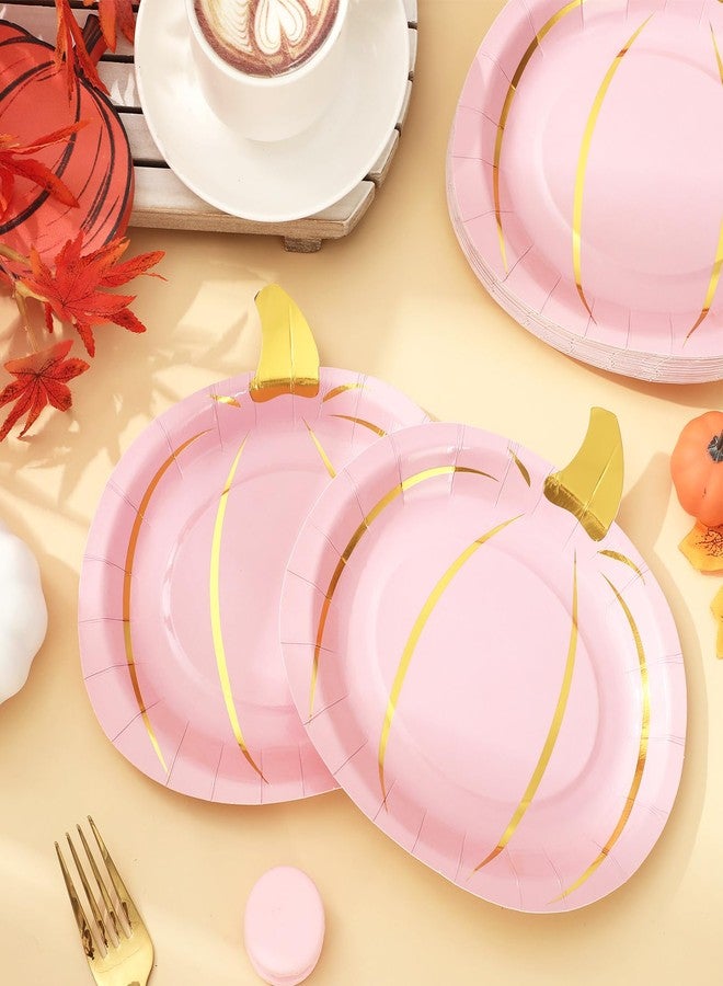 Whaline 24Pcs Fall Pink Pumpkin Paper Plate Gold Foil Dinner Plate Disposable Thanksgiving Harvest Plates for Autumn Catering Events Dining Party Favors Tableware Decor Supplies - Image 4