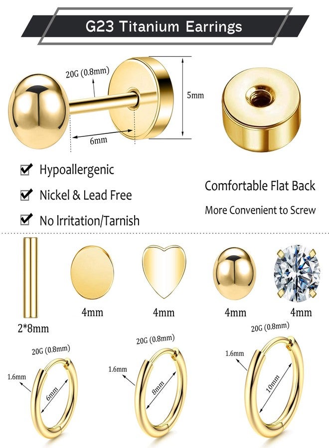 GOGOEY Hypoallergenic Titanium Earrings for Sensitive Ears 14K Gold Plated Opal Ball CZ Heart Flat Back Earrings for Women Men Small Surgical Steel Flatback Stud Hoop Cartilage Earring Set for Multiple Piercing (B-Gold) - Image 2