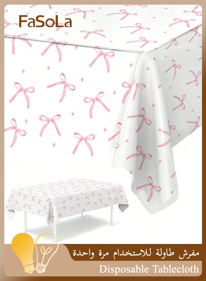 فاصولا مفرش طاولة للاستخدام مرة واحدة، عبوة من 1 غطاء طاولة بلاستيك، مفرش طاولة ضد الماء مقاس 137 × 274 سم، مفرش طاولة بلاستيك سميك 3 مل، زينة طاولات للحفلات وأعياد الميلاد والرحلات الخارجية (أبيض مع فيونكة وردية) - Image 1