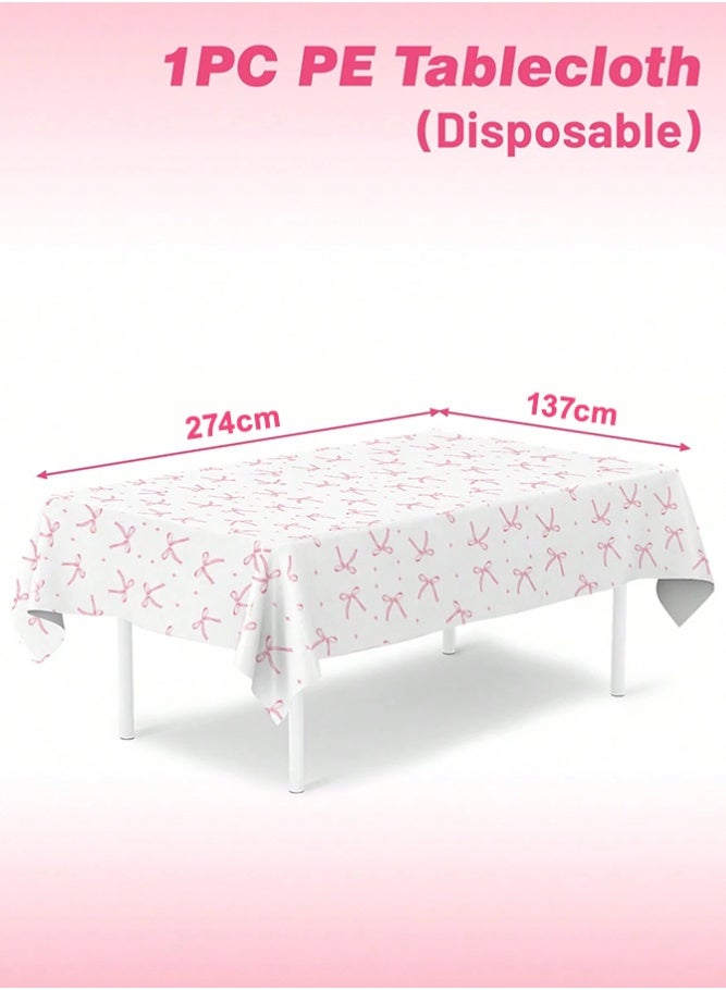 فاصولا مفرش طاولة للاستخدام مرة واحدة، عبوة من 1 غطاء طاولة بلاستيك، مفرش طاولة ضد الماء مقاس 137 × 274 سم، مفرش طاولة بلاستيك سميك 3 مل، زينة طاولات للحفلات وأعياد الميلاد والرحلات الخارجية (أبيض مع فيونكة وردية) - Image 2