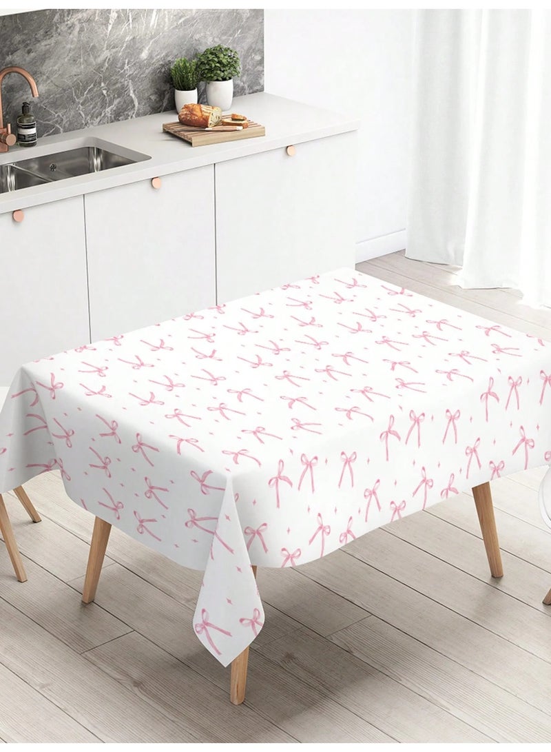 فاصولا مفرش طاولة للاستخدام مرة واحدة، عبوة من 1 غطاء طاولة بلاستيك، مفرش طاولة ضد الماء مقاس 137 × 274 سم، مفرش طاولة بلاستيك سميك 3 مل، زينة طاولات للحفلات وأعياد الميلاد والرحلات الخارجية (أبيض مع فيونكة وردية) - Image 3