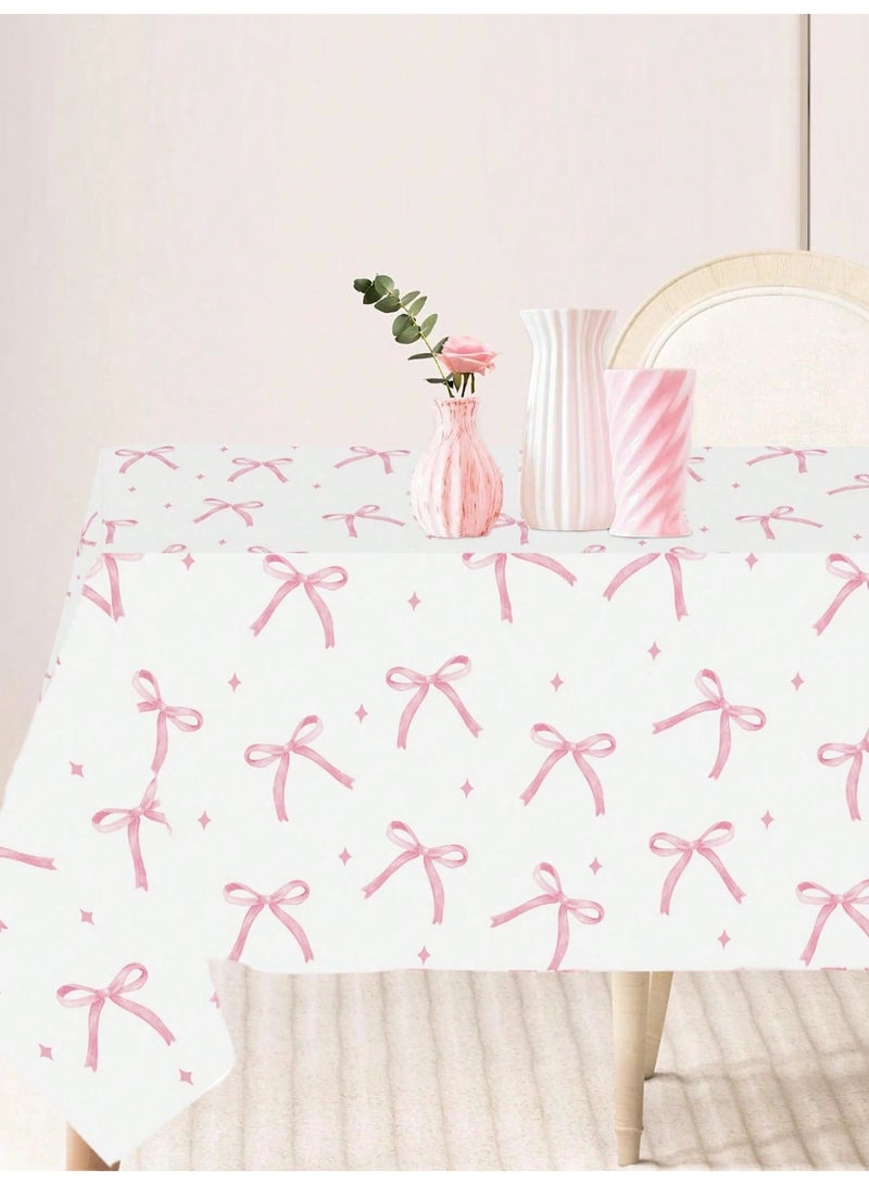 فاصولا مفرش طاولة للاستخدام مرة واحدة، عبوة من 1 غطاء طاولة بلاستيك، مفرش طاولة ضد الماء مقاس 137 × 274 سم، مفرش طاولة بلاستيك سميك 3 مل، زينة طاولات للحفلات وأعياد الميلاد والرحلات الخارجية (أبيض مع فيونكة وردية) - Image 4