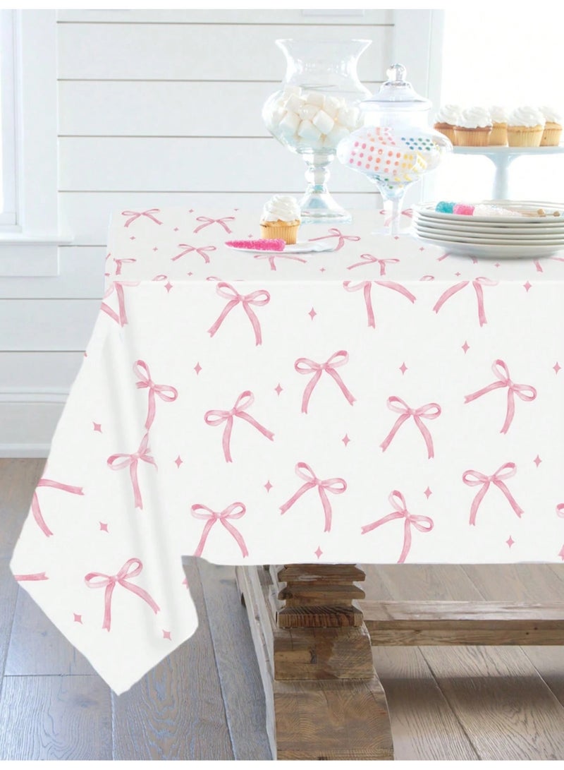 فاصولا مفرش طاولة للاستخدام مرة واحدة، عبوة من 1 غطاء طاولة بلاستيك، مفرش طاولة ضد الماء مقاس 137 × 274 سم، مفرش طاولة بلاستيك سميك 3 مل، زينة طاولات للحفلات وأعياد الميلاد والرحلات الخارجية (أبيض مع فيونكة وردية) - Image 5