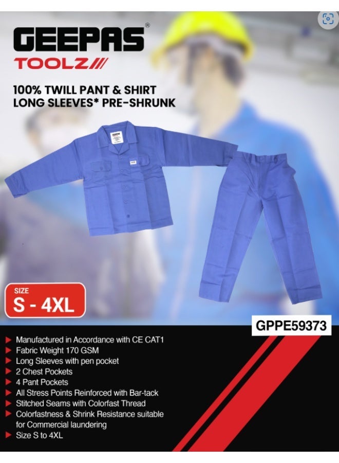 Geepas 100% Twill Pant and Shirt- GPPE59373/ Size: S-4 XL, with Pockets and Long Sleeves/ Workwear Made in Accordance to CE CAT1 Standards/ Blue - Image 5