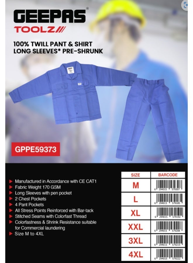Geepas 100% Twill Pant and Shirt- GPPE59373/ Size: S-4 XL, with Pockets and Long Sleeves/ Workwear Made in Accordance to CE CAT1 Standards/ Blue - Image 2