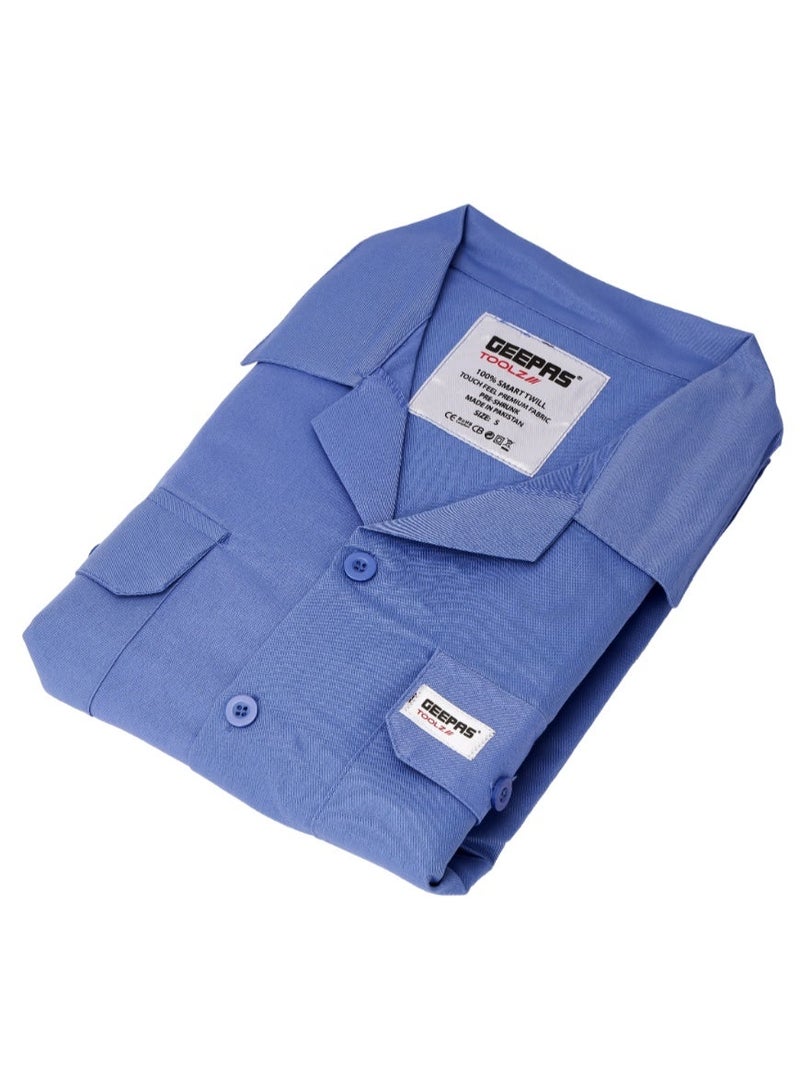 Geepas 100% Twill Pant and Shirt- GPPE59373/ Size: S-4 XL, with Pockets and Long Sleeves/ Workwear Made in Accordance to CE CAT1 Standards/ Blue - Image 4