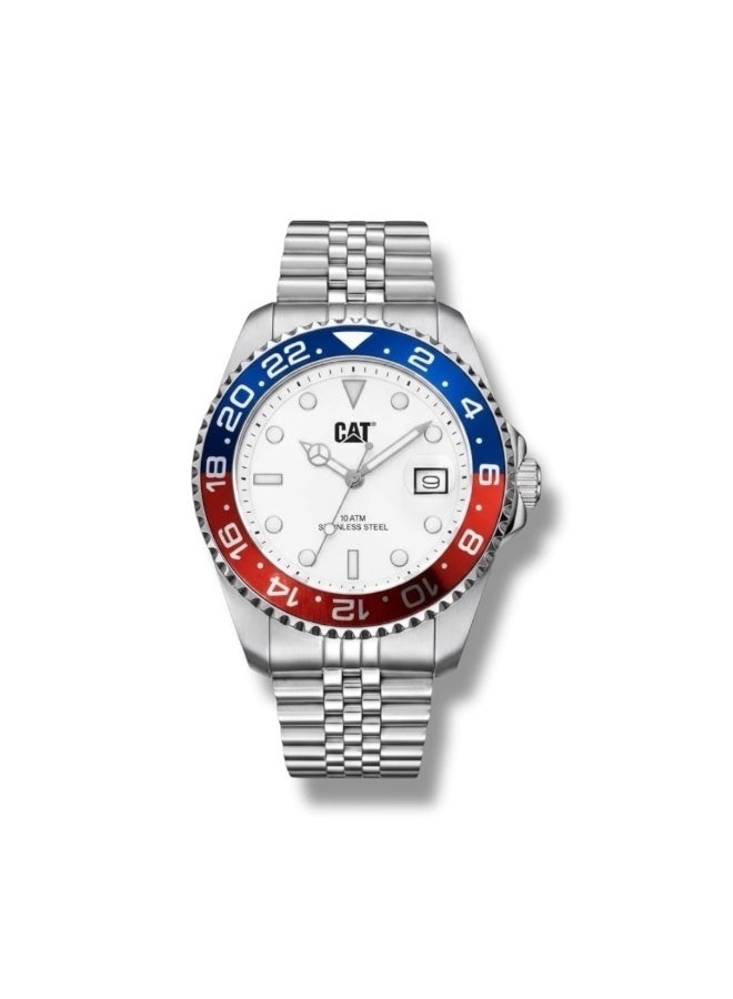 CAT AO.141.11.222 Men's Analog Quartz Watch, 43mm Stainless Steel, Silver Dial, Pepsi Bezel