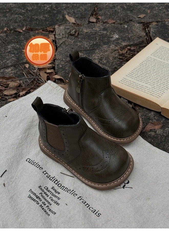 Xshx "london Brogue" Kidsren's Martin Leather Boots For Boys And Girls Side Zipper Chelsea Boots [wenzhou Shoes]