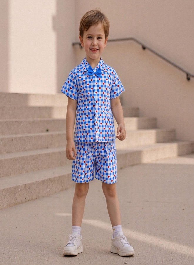 Owl's-Yard Baby Valentines Outfits Plaid Love Heart Print Button Up Short Sleeve Shirt and Shorts 2 Pcs Set (A-Blue, 5T) - Image 5