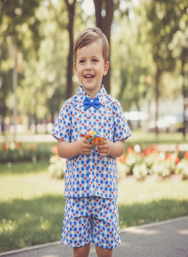 Owl's-Yard Baby Valentines Outfits Plaid Love Heart Print Button Up Short Sleeve Shirt and Shorts 2 Pcs Set (A-Blue, 5T) - Image 3