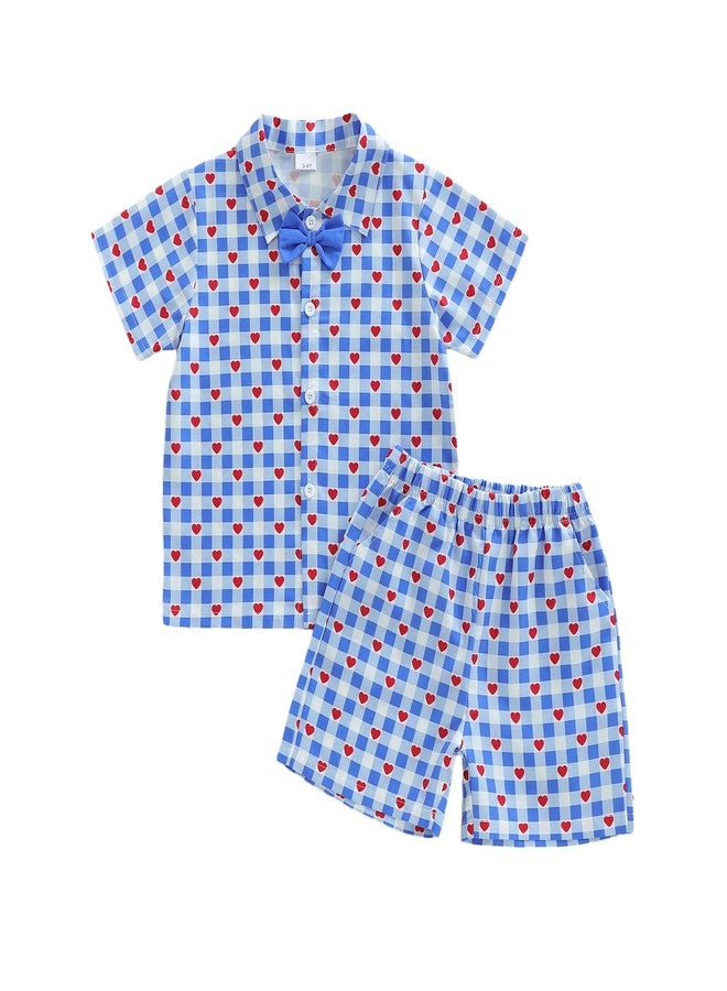 Owl's-Yard Baby Valentines Outfits Plaid Love Heart Print Button Up Short Sleeve Shirt and Shorts 2 Pcs Set (A-Blue, 5T) - Image 1