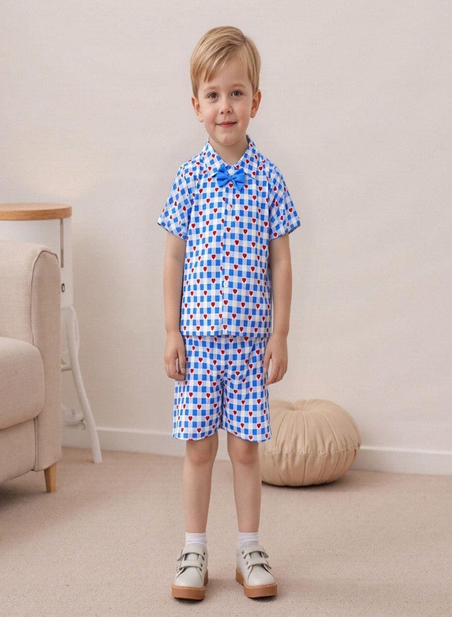 Owl's-Yard Baby Valentines Outfits Plaid Love Heart Print Button Up Short Sleeve Shirt and Shorts 2 Pcs Set (A-Blue, 5T) - Image 2