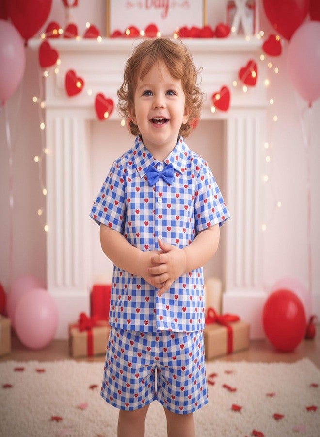 Owl's-Yard Baby Valentines Outfits Plaid Love Heart Print Button Up Short Sleeve Shirt and Shorts 2 Pcs Set (A-Blue, 5T) - Image 4