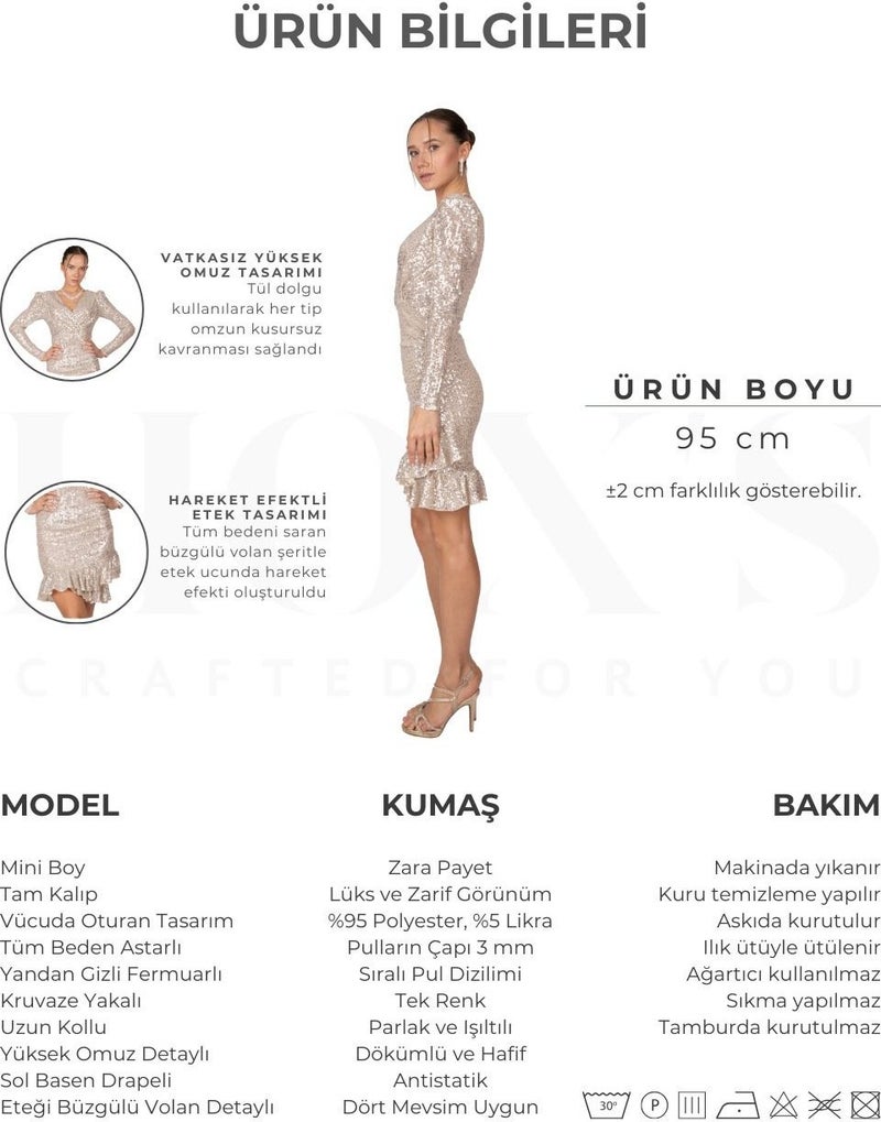 HOXS Sequined Double Breasted Long Sleeve Mini Evening Dress Beige  - Image 4